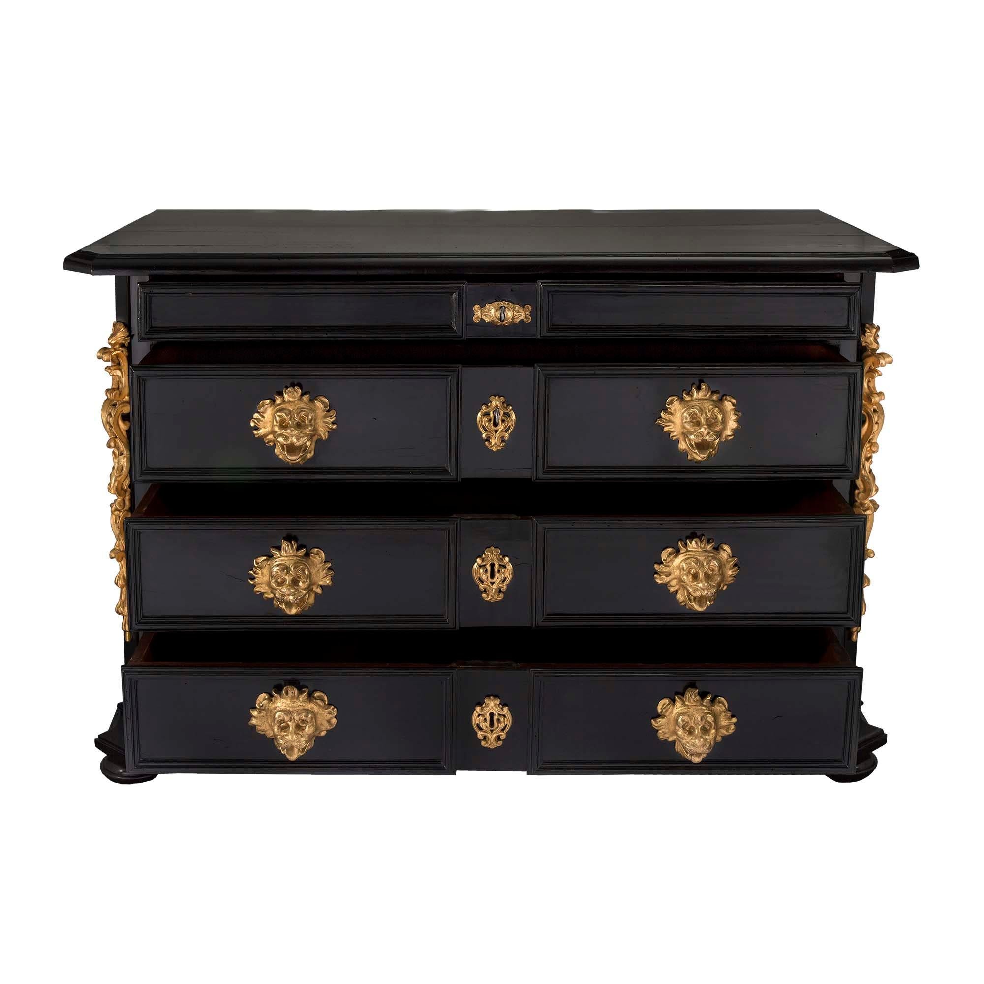 Ebonized Italian 17th Century Baroque Period Fruitwood and Giltwood Chest For Sale