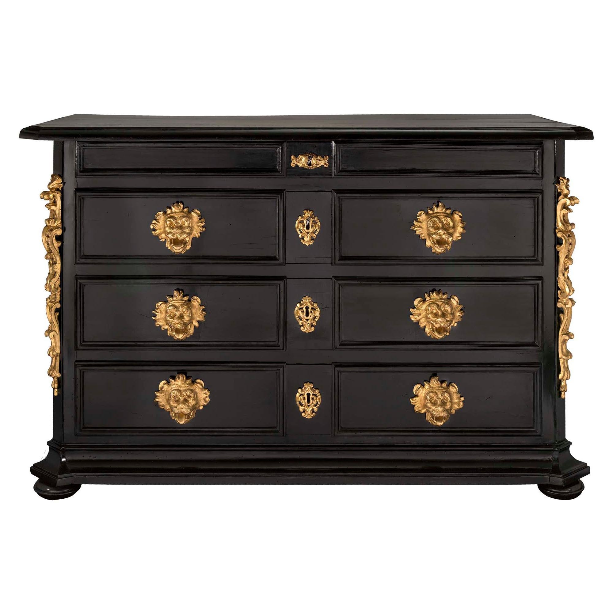 Italian 17th Century Baroque Period Fruitwood and Giltwood Chest For Sale