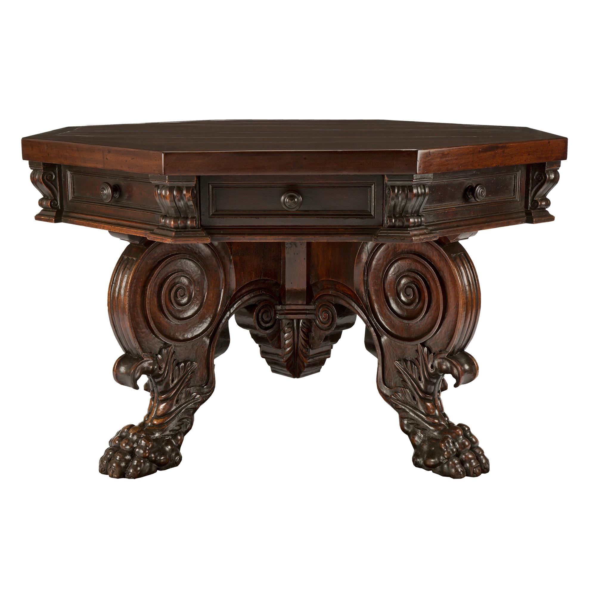 18th Century and Earlier Italian 17th Century Baroque Period Solid Walnut Octagonal Center Table For Sale