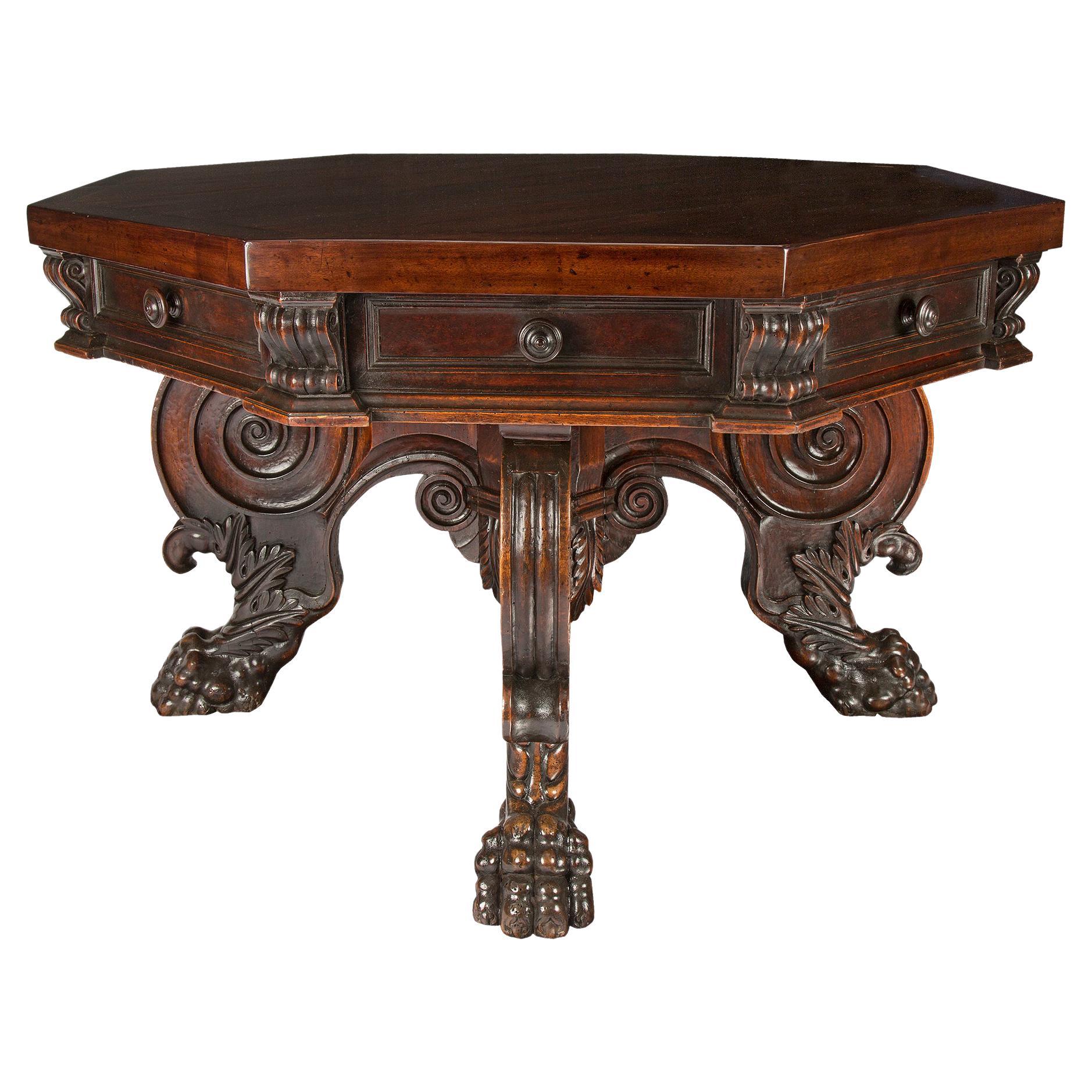 Italian 17th Century Baroque Period Solid Walnut Octagonal Center Table