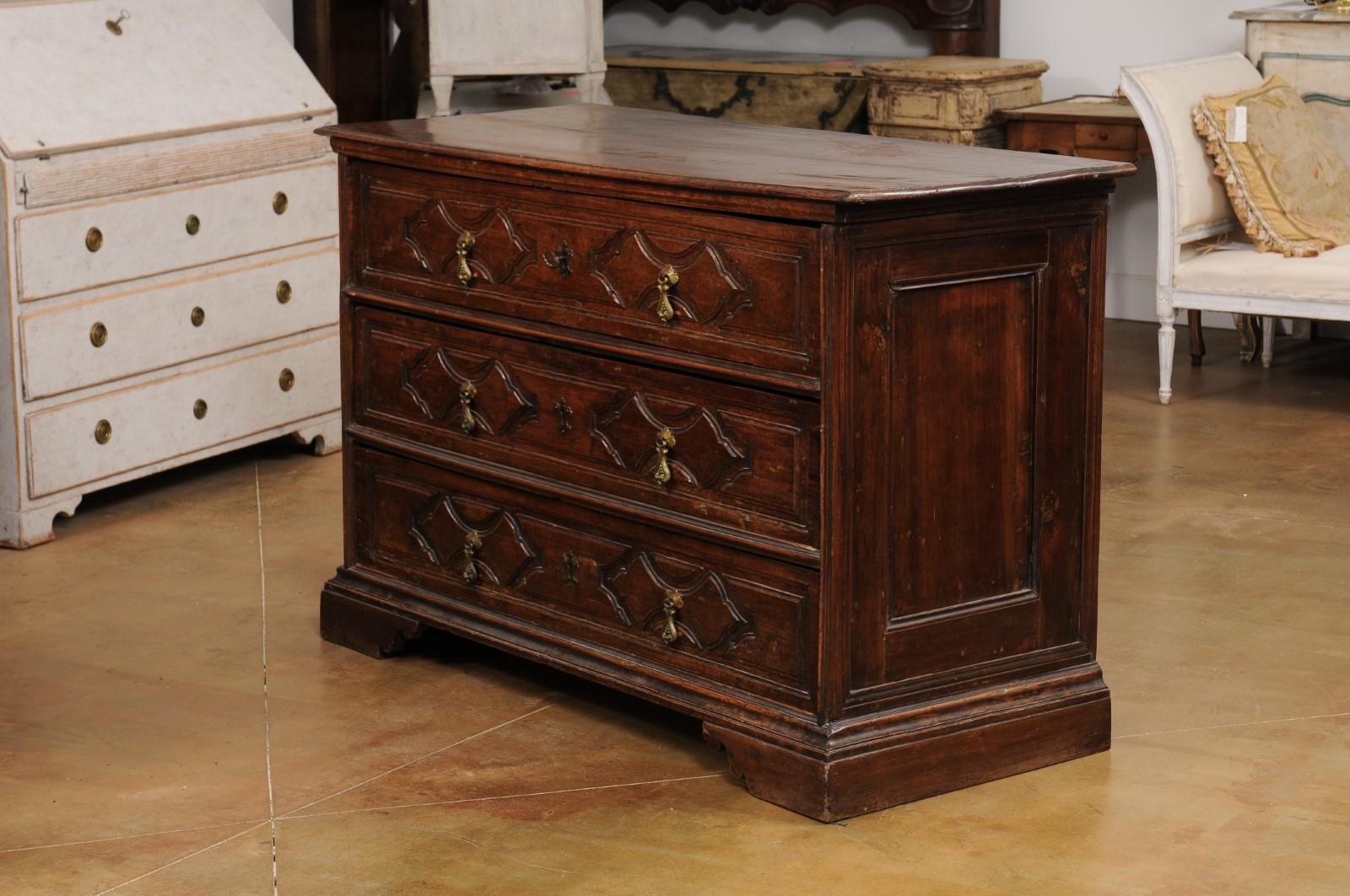 Italian 17th Century Baroque Walnut Three Drawer Commode with Carved Panels 6