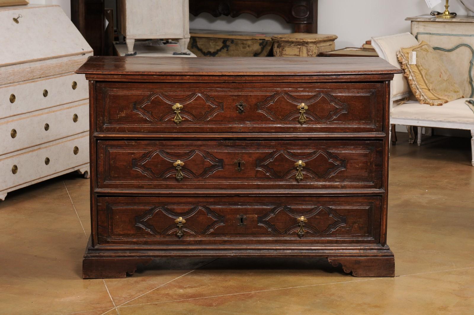 Italian 17th Century Baroque Walnut Three Drawer Commode with Carved Panels 7