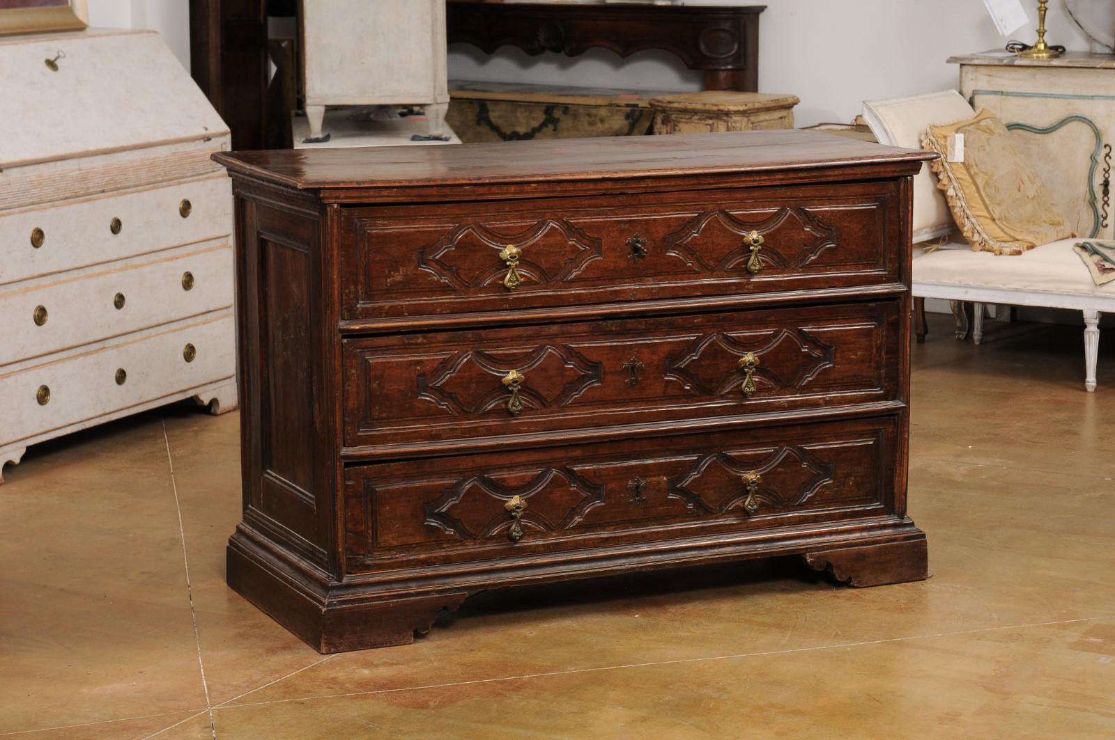 Italian 17th Century Baroque Walnut Three Drawer Commode with Carved Panels In Good Condition In Atlanta, GA