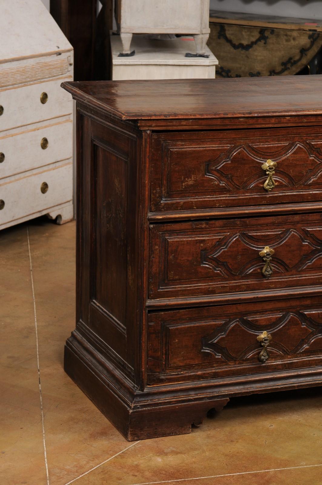 18th Century and Earlier Italian 17th Century Baroque Walnut Three Drawer Commode with Carved Panels