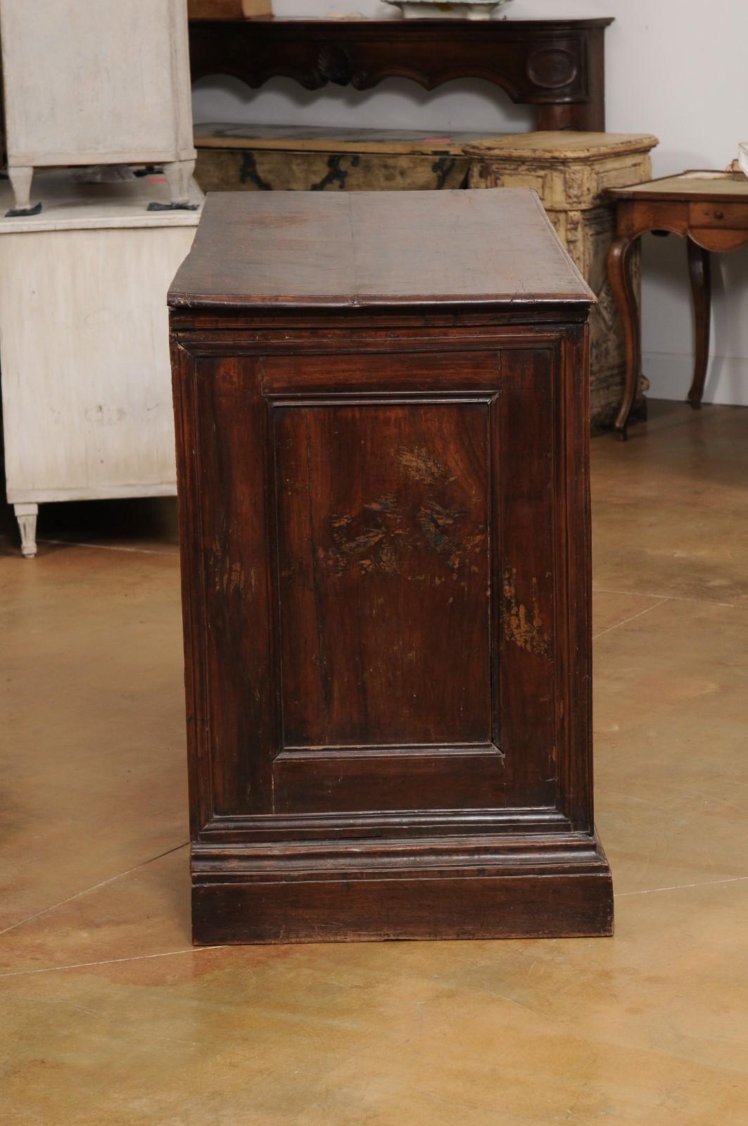 Italian 17th Century Baroque Walnut Three Drawer Commode with Carved Panels 1