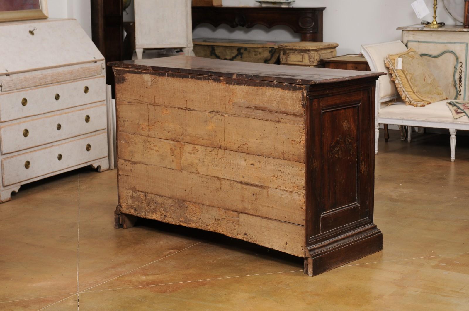 Italian 17th Century Baroque Walnut Three Drawer Commode with Carved Panels 2