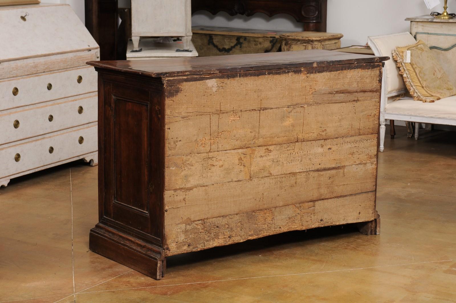 Italian 17th Century Baroque Walnut Three Drawer Commode with Carved Panels 4
