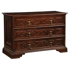 Italian 17th Century Baroque Walnut Three Drawer Commode with Carved Panels