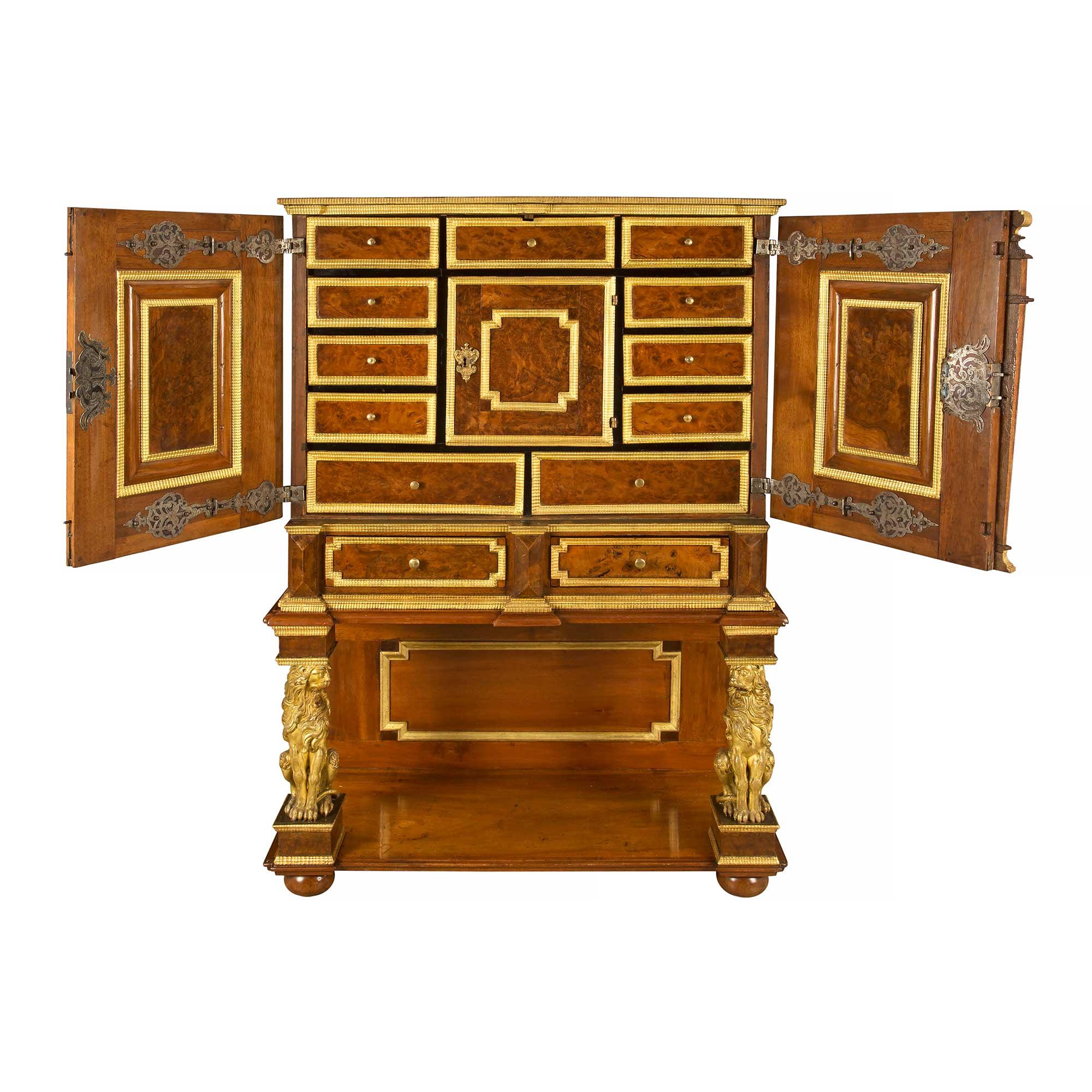 Italian 17th Century Burl Walnut, Gilt Iron and Giltwood Baroque Cabinet In Good Condition For Sale In West Palm Beach, FL