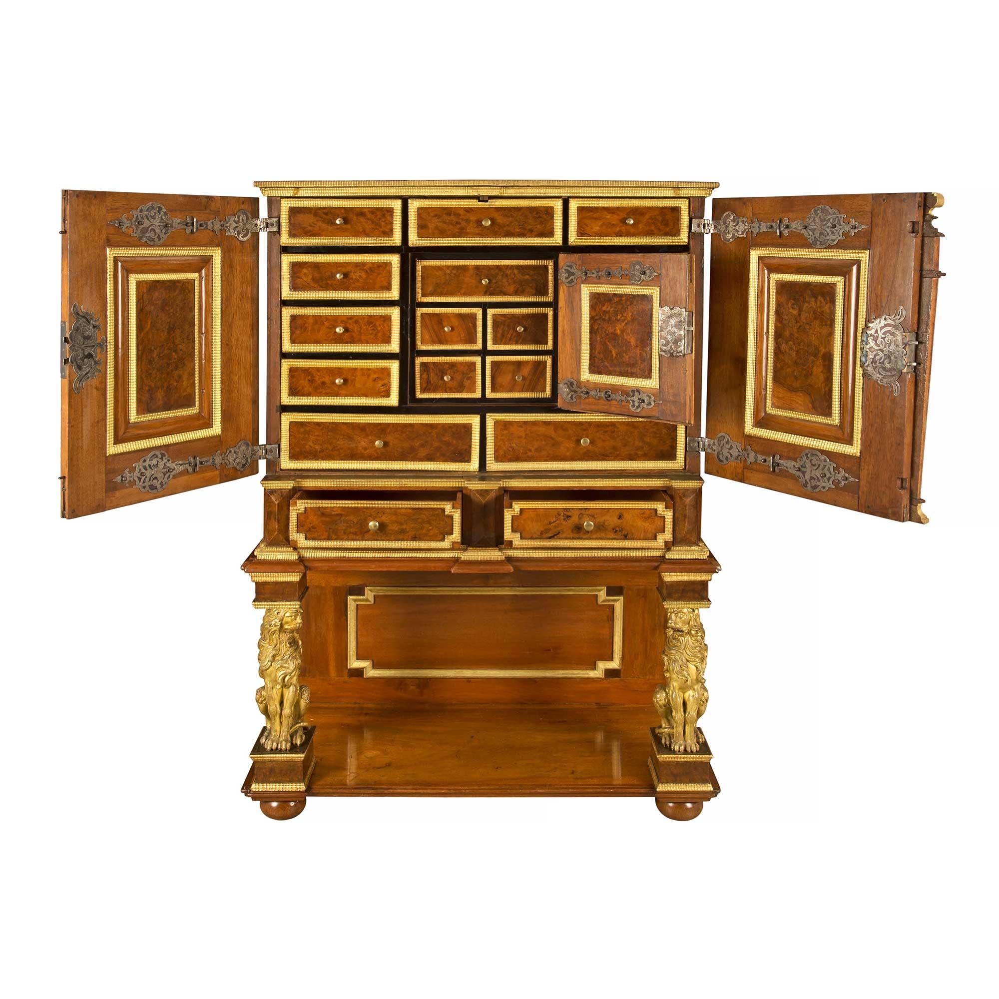 18th Century and Earlier Italian 17th Century Burl Walnut, Gilt Iron and Giltwood Baroque Cabinet For Sale