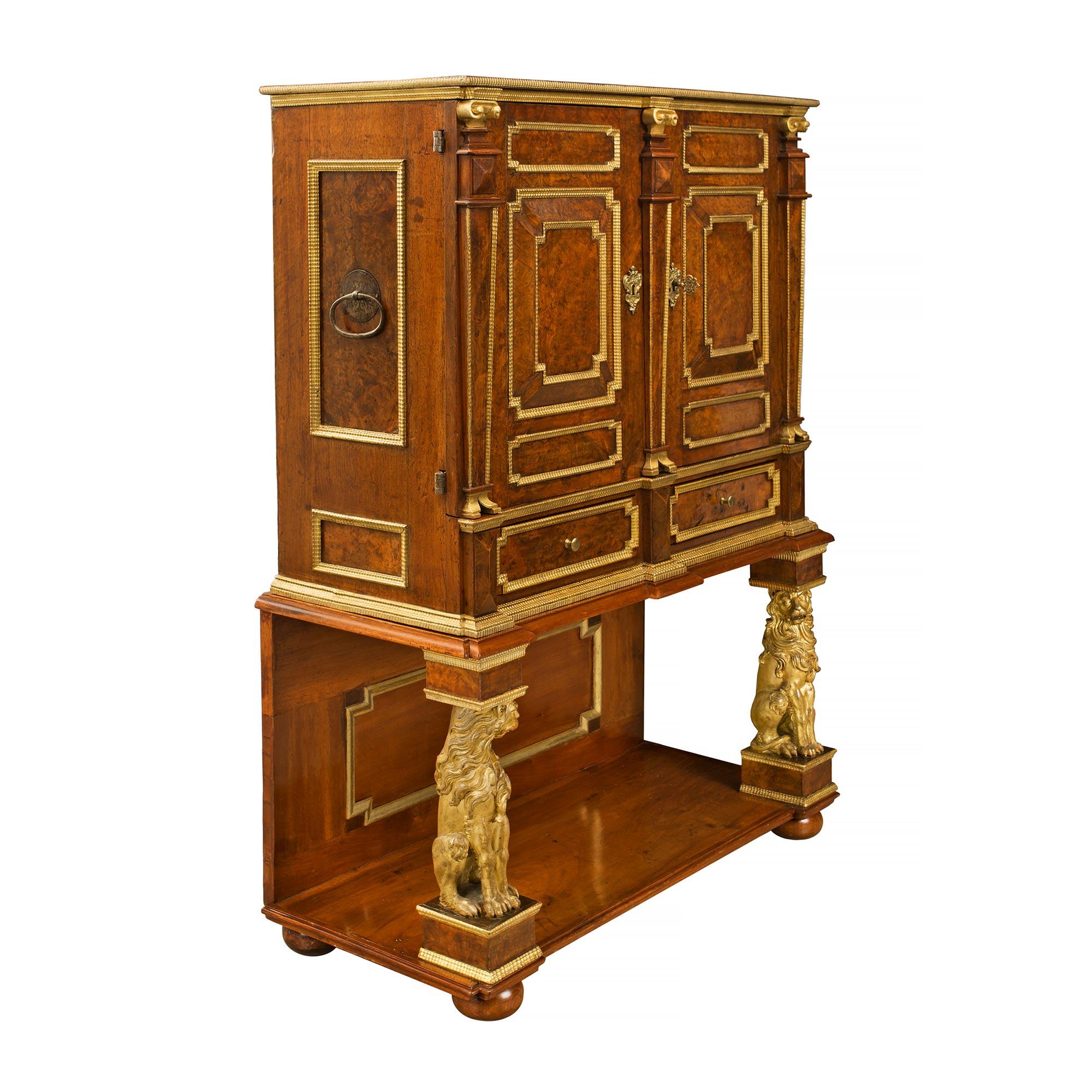 Italian 17th Century Burl Walnut, Gilt Iron and Giltwood Baroque Cabinet For Sale 1