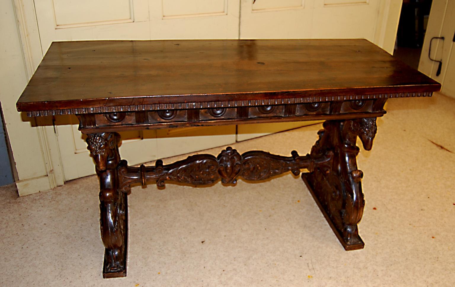 Italian 17th Century Carved Walnut Center Table Figural and Rams Head Carving 5