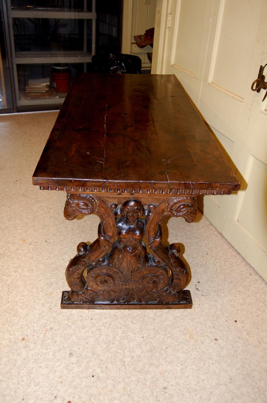 Baroque Italian 17th Century Carved Walnut Center Table Figural and Rams Head Carving