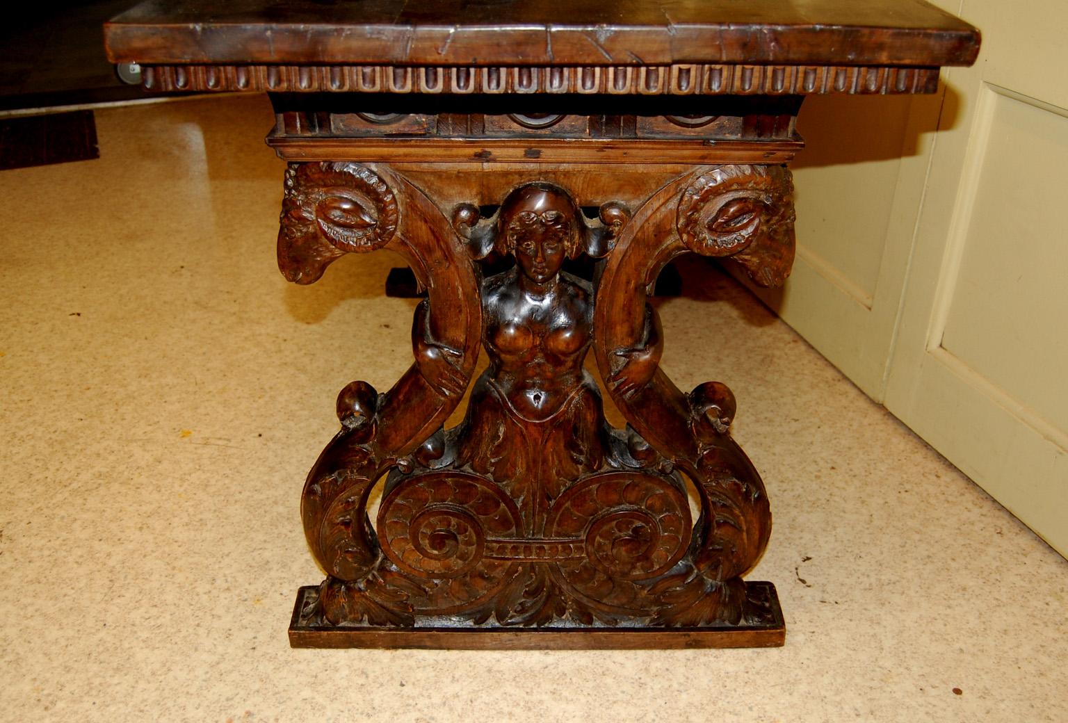 18th Century and Earlier Italian 17th Century Carved Walnut Center Table Figural and Rams Head Carving