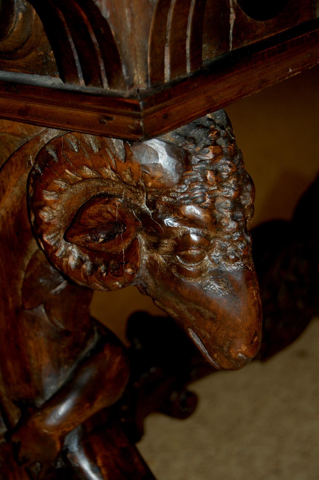 Italian 17th Century Carved Walnut Center Table Figural and Rams Head Carving 1
