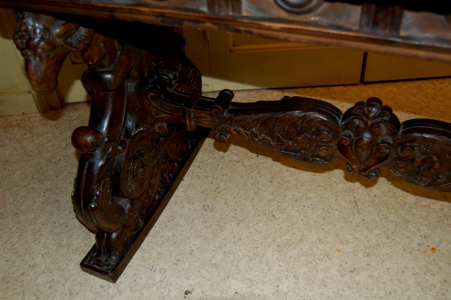 Italian 17th Century Carved Walnut Center Table Figural and Rams Head Carving 2