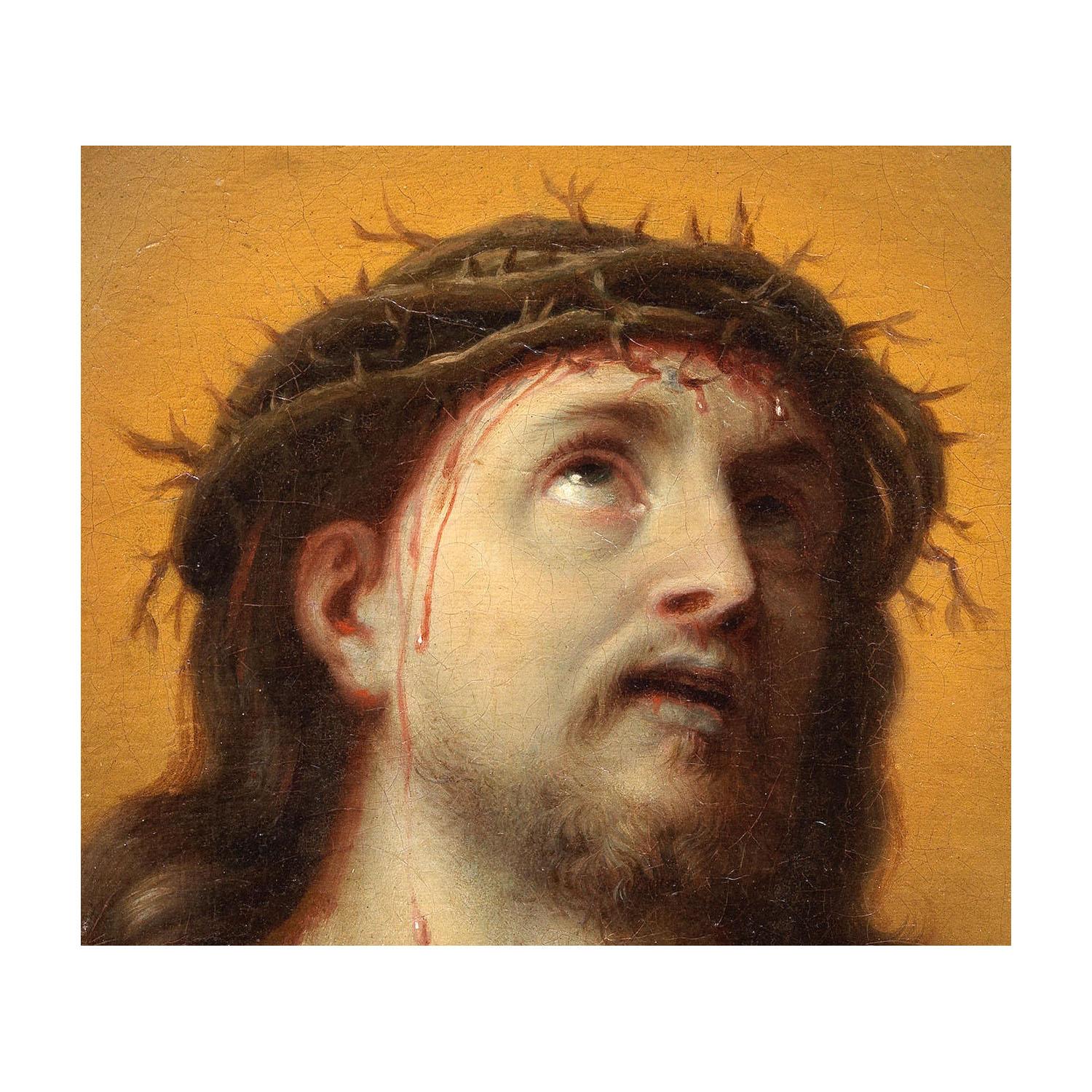 Baroque Italian 17th Century Oil on Canvas Head of Christ Crowned with Thorns, Mignard For Sale