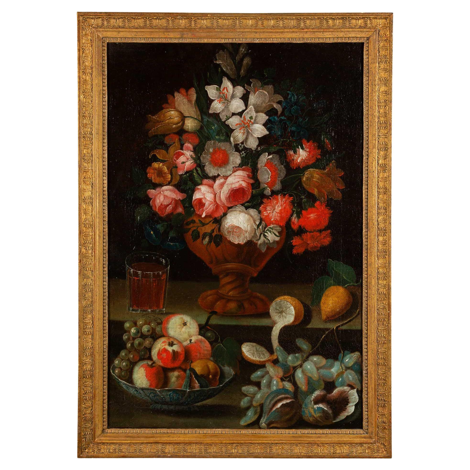 Nature morte italienne du 17ème siècle à l'huile sur toile, de Rome