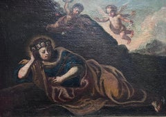 Cherubim Hovering Woman in Wilderness 17th Century Italian Old Master Oil
