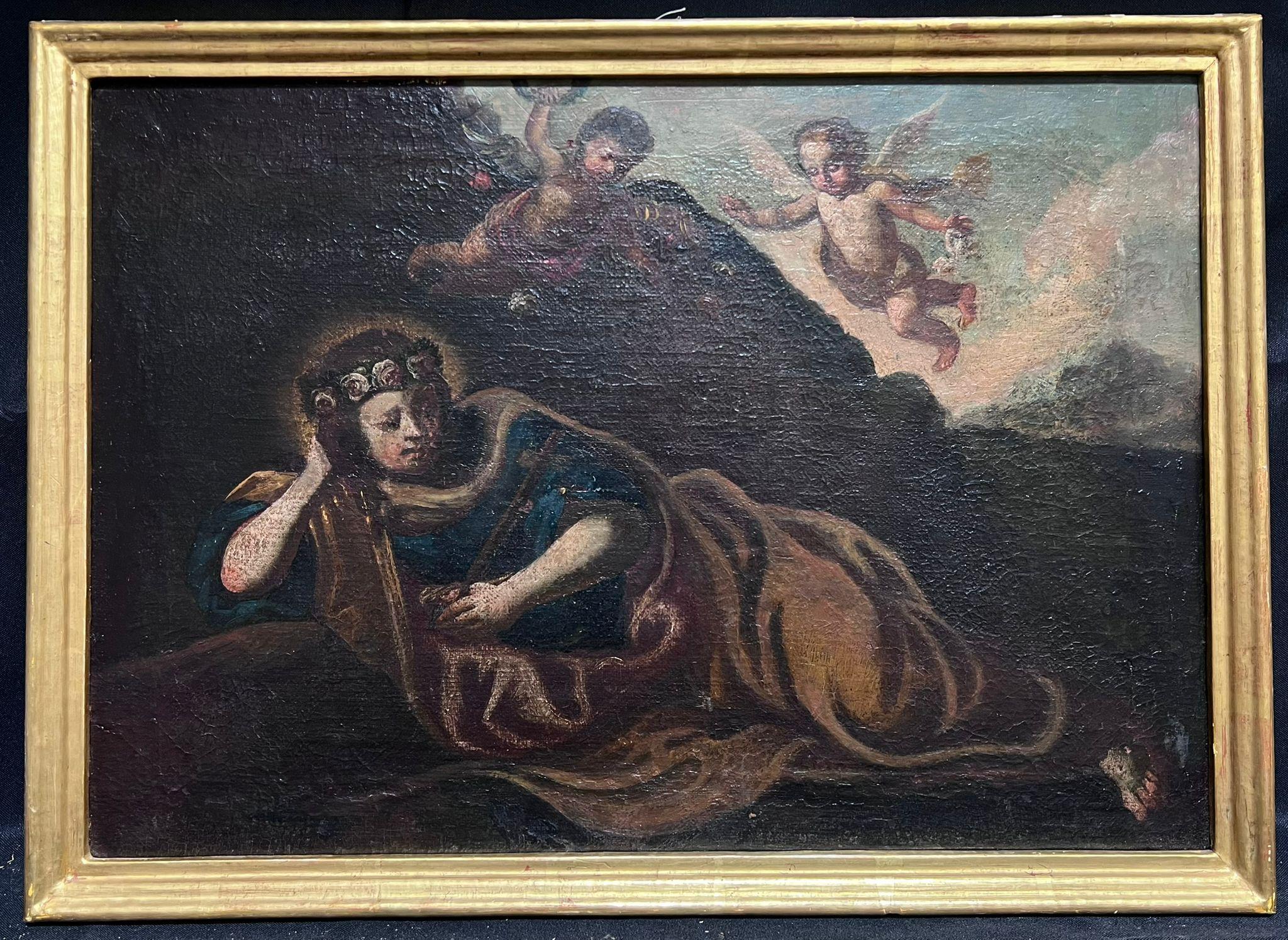 Cherubim Hovering Woman in Wilderness 17th Century Italian Old Master Oil 