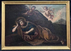 Antique Cherubim Hovering Woman in Wilderness 17th Century Italian Old Master Oil 