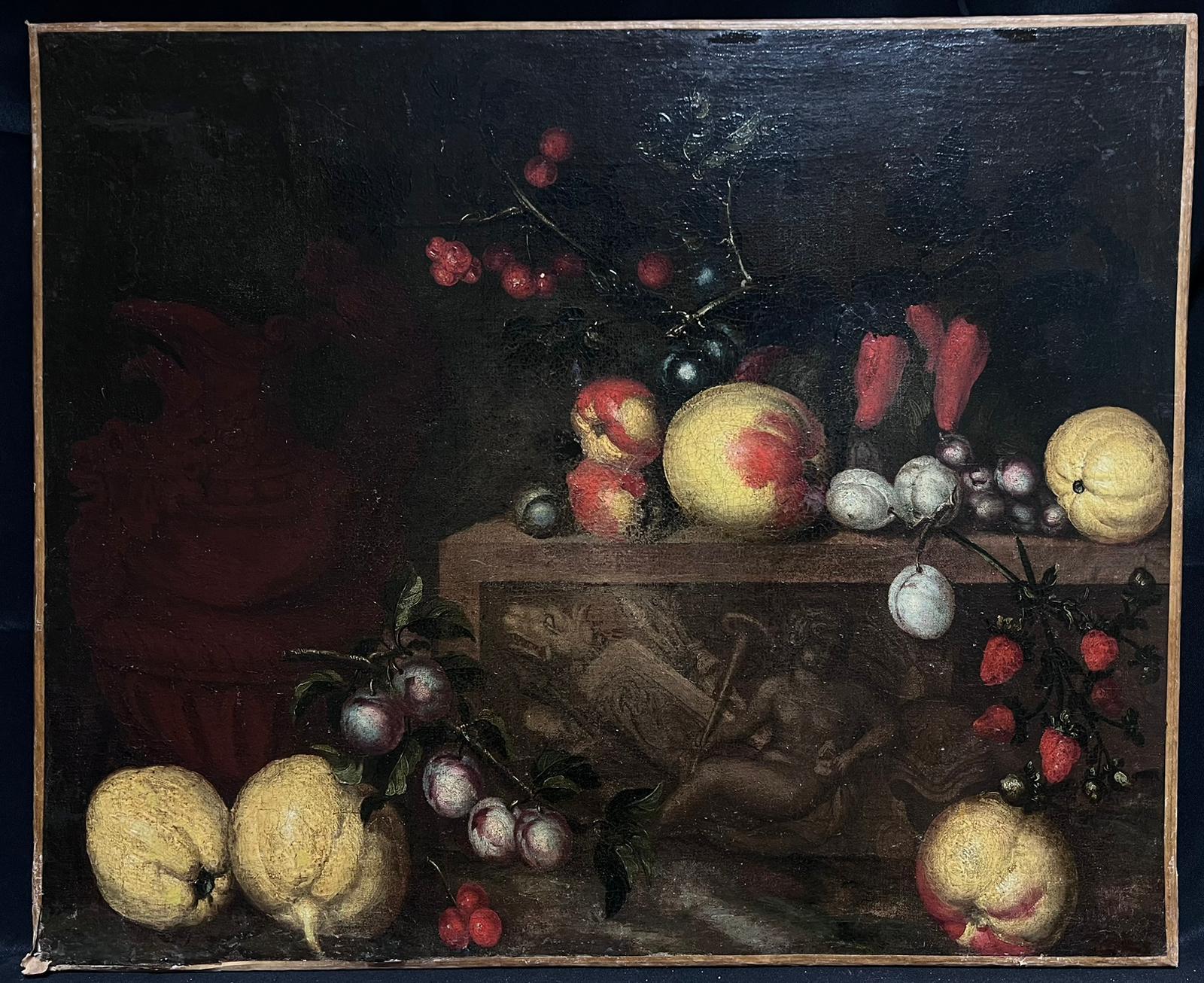 Feines Stillleben des 17. Jahrhunderts, Ölgemälde eines alten Meisters, Obst auf Ledge, Italien – Painting von Italian 17th Century Old Master