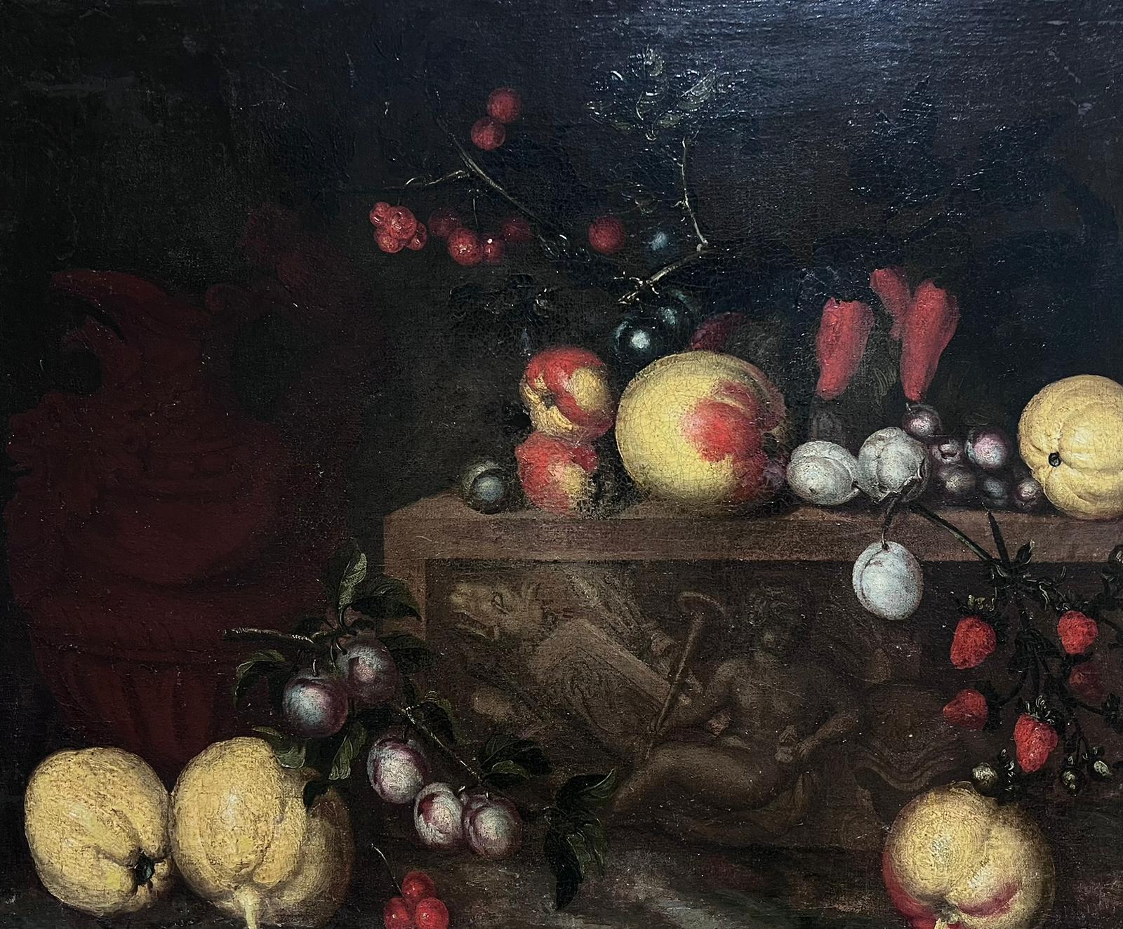 Italian 17th Century Old Master Interior Painting – Feines Stillleben des 17. Jahrhunderts, Ölgemälde eines alten Meisters, Obst auf Ledge, Italien