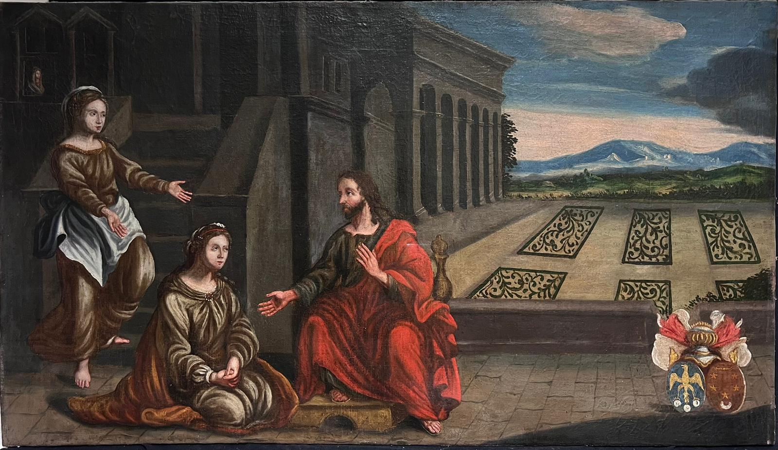 Enorme óleo sobre lienzo de un viejo maestro italiano del siglo XVI Jesús en casa de María y Marta - Painting de Italian 17th Century Old Master
