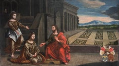 Antique Huge I1600's Italian Old Master Oil on Canvas Jesus at House of Mary & Martha