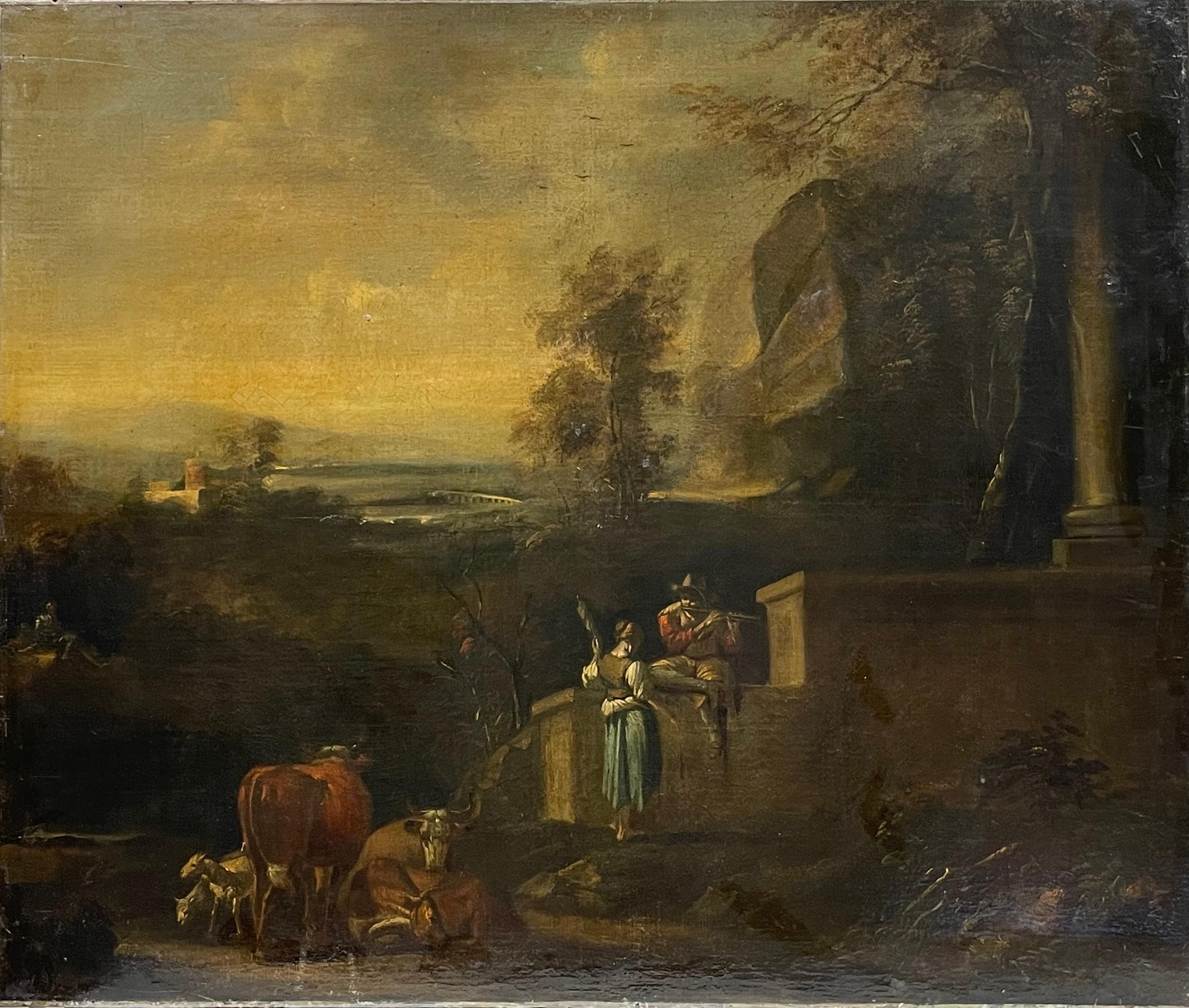 Italian 17th Century Old Master Landscape Painting - Large 17th Century Italian Old Master Oil Painting Shepherd in Ancient Landscape