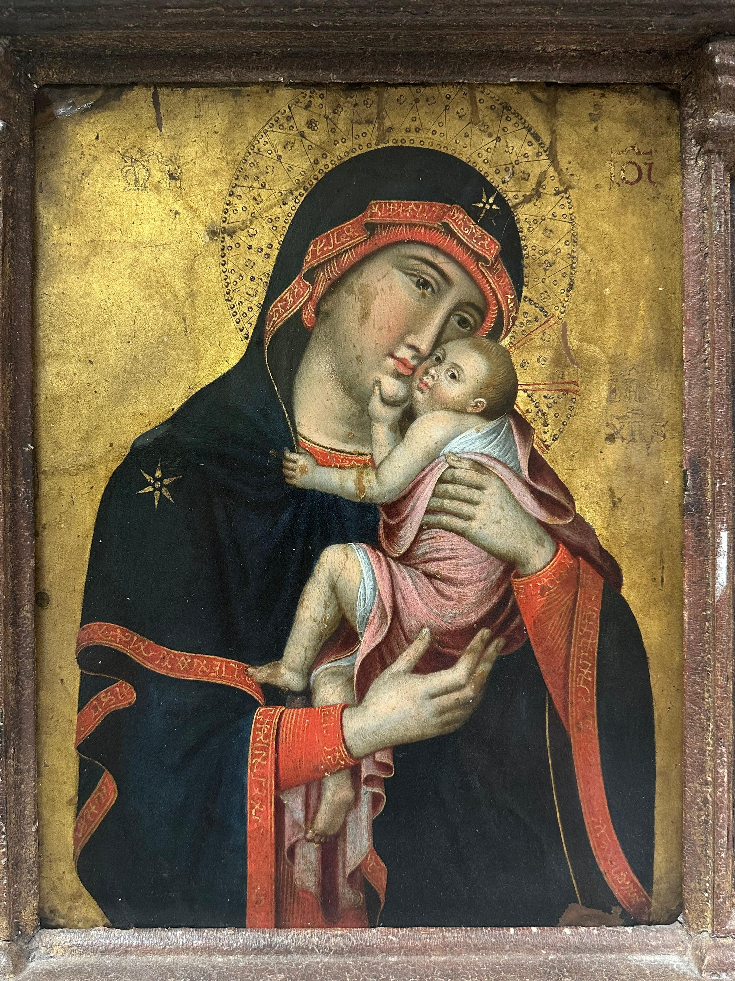 Masterpiece de la Renaissance de qualité muséale Virgin Mary & Infant Christ peinture - Byzantin Painting par Italian 17th Century Old Master
