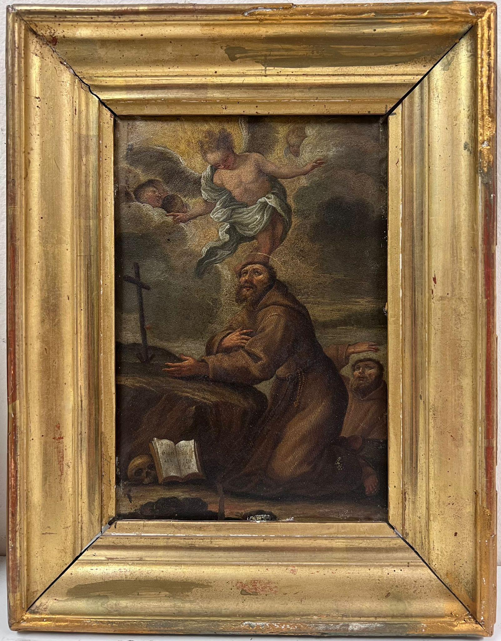 Saint pénitent dans la nature avec des anges et des chérubins Masterly italien sur cuivre - Painting de Italian 17th Century Old Master