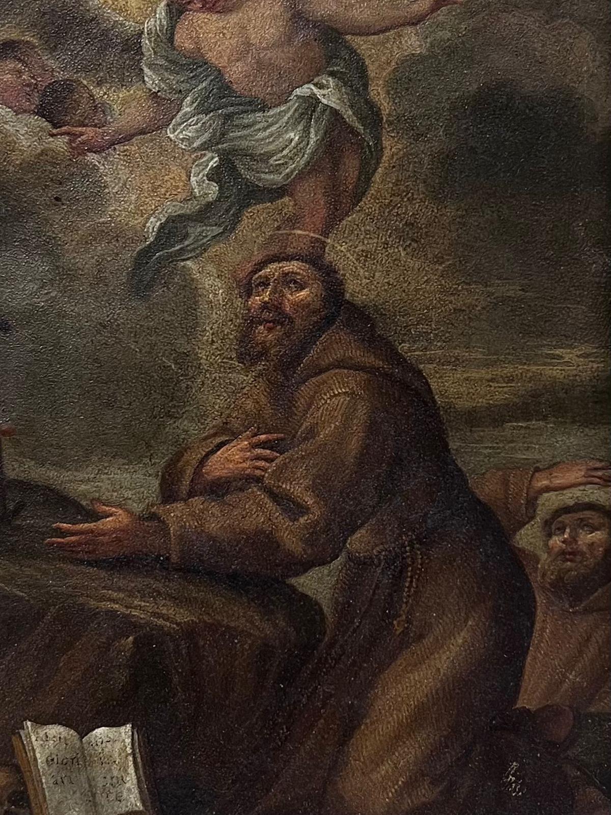 Saint pénitent dans la nature avec des anges et des chérubins Masterly italien sur cuivre - Maîtres anciens Painting par Italian 17th Century Old Master