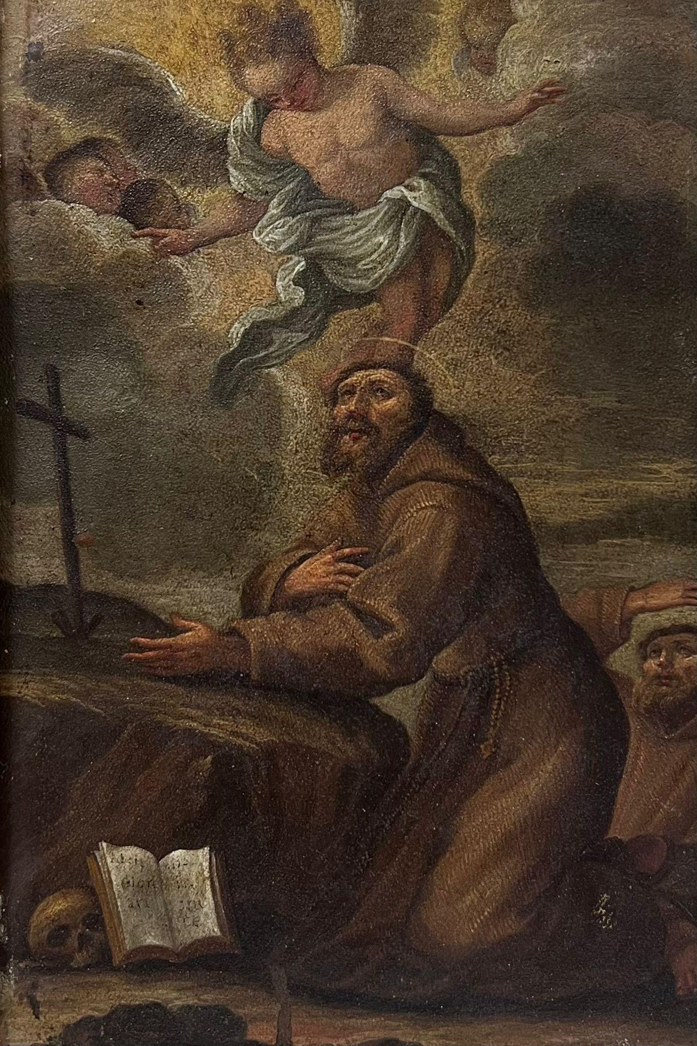 Figurative Painting Italian 17th Century Old Master - Saint pénitent dans la nature avec des anges et des chérubins Masterly italien sur cuivre