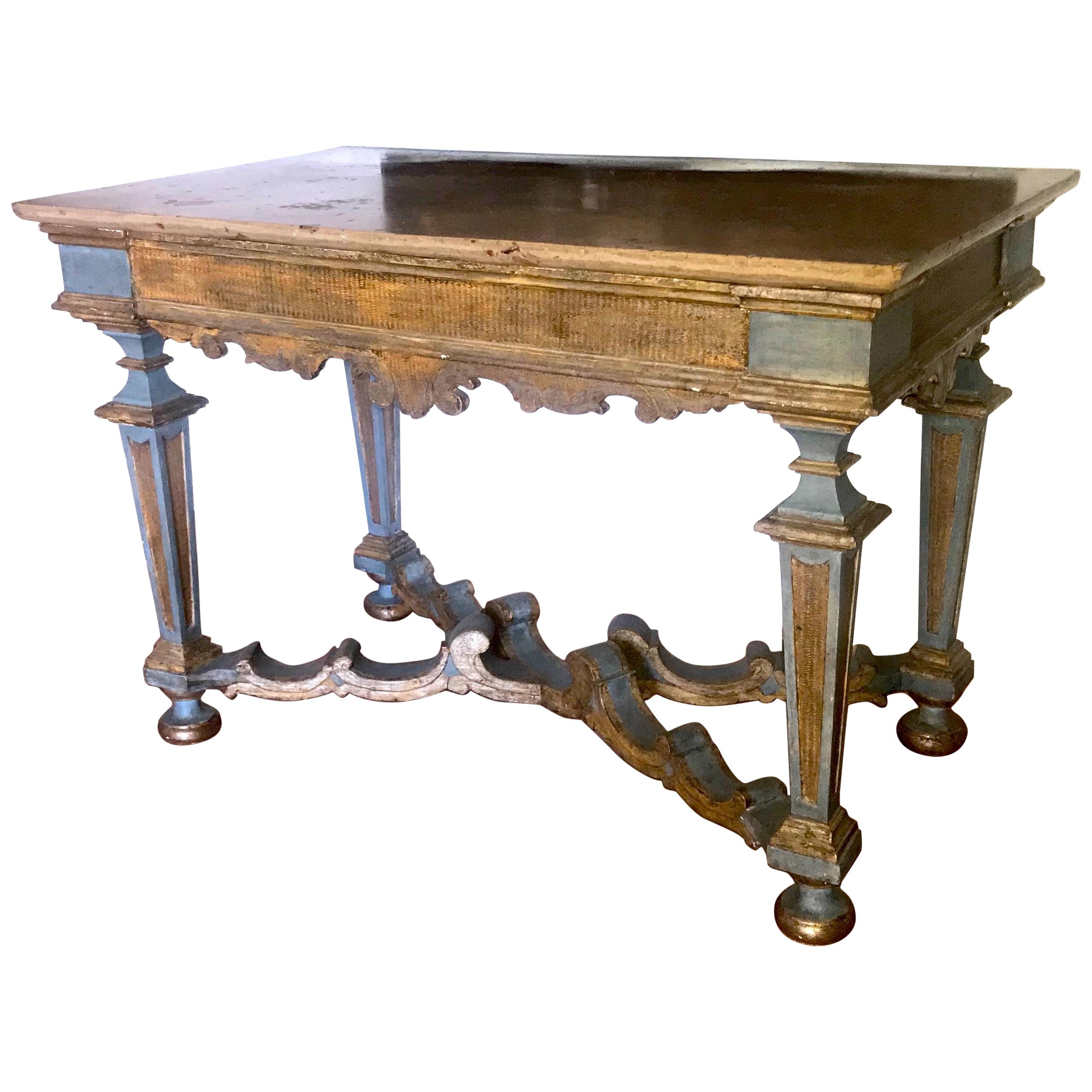 Elegant Italian 17th century light blue painted and parcel-gilt console tables with a marble top.
Provenience from a Tuscany aristocratic estate.
Rustic elegance decor.
  