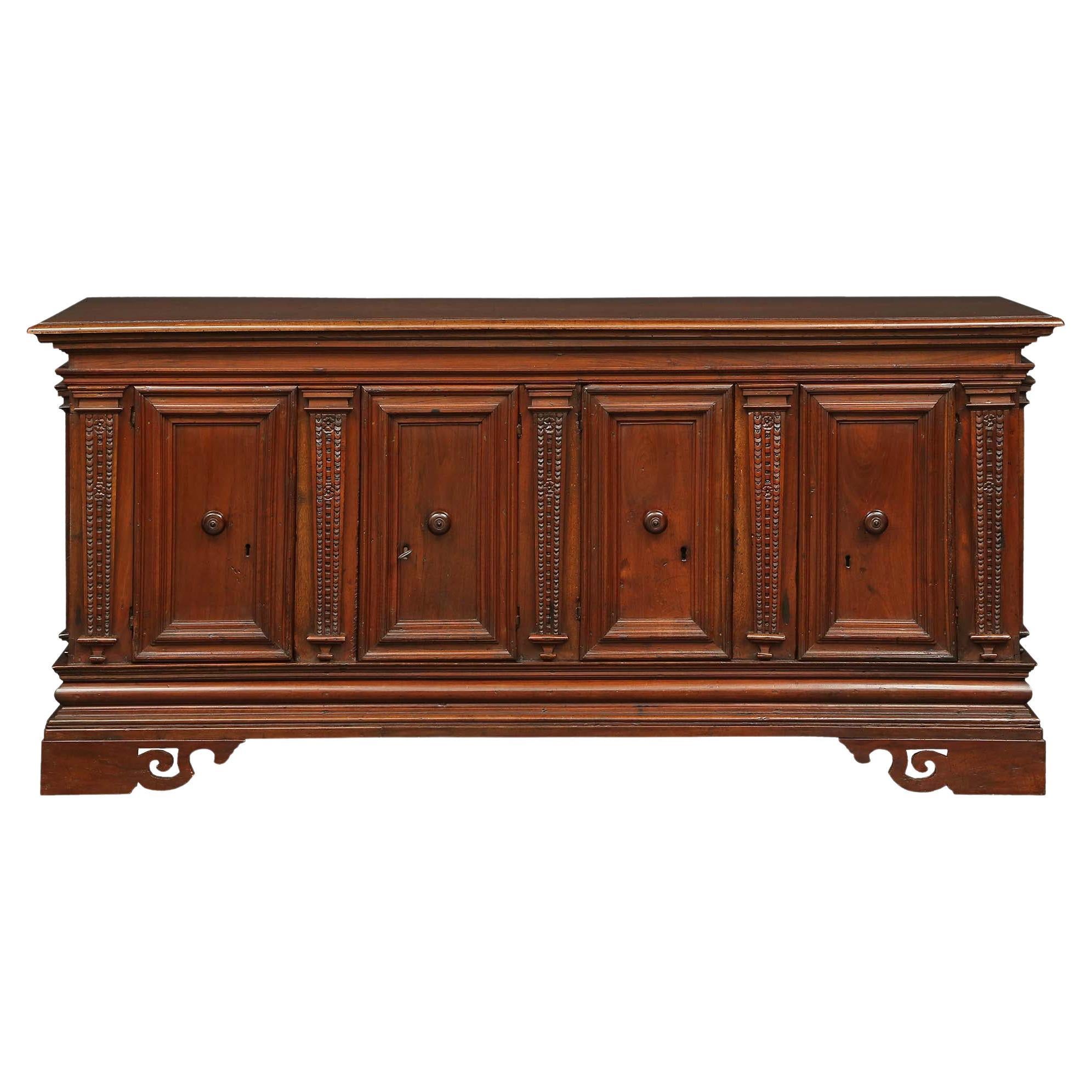 Italian 17th Century Solid Walnut Four-Door Buffet For Sale