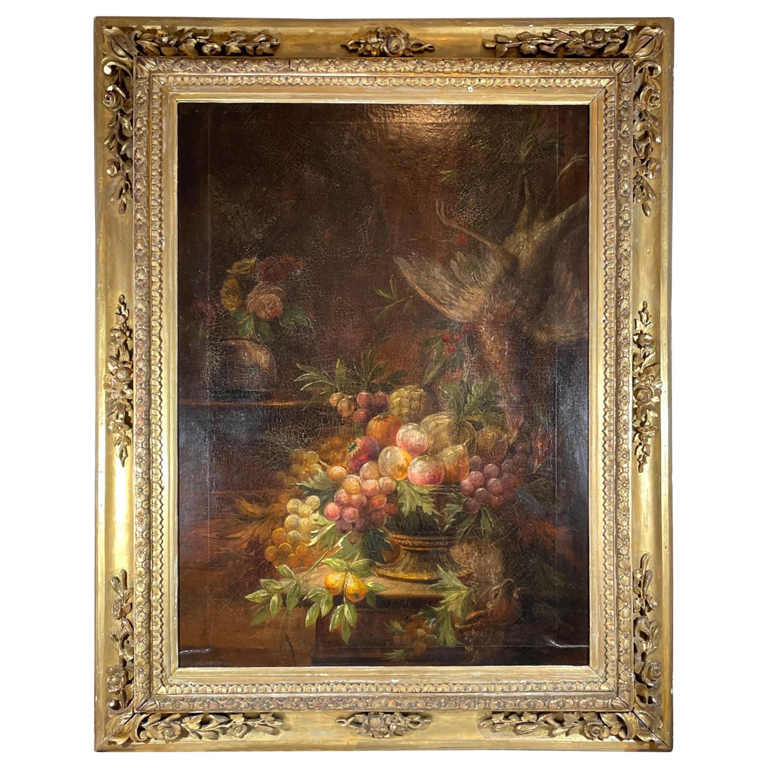 Italian 17th Century Still Life Painting in Period Carved Gilt Frame For Sale