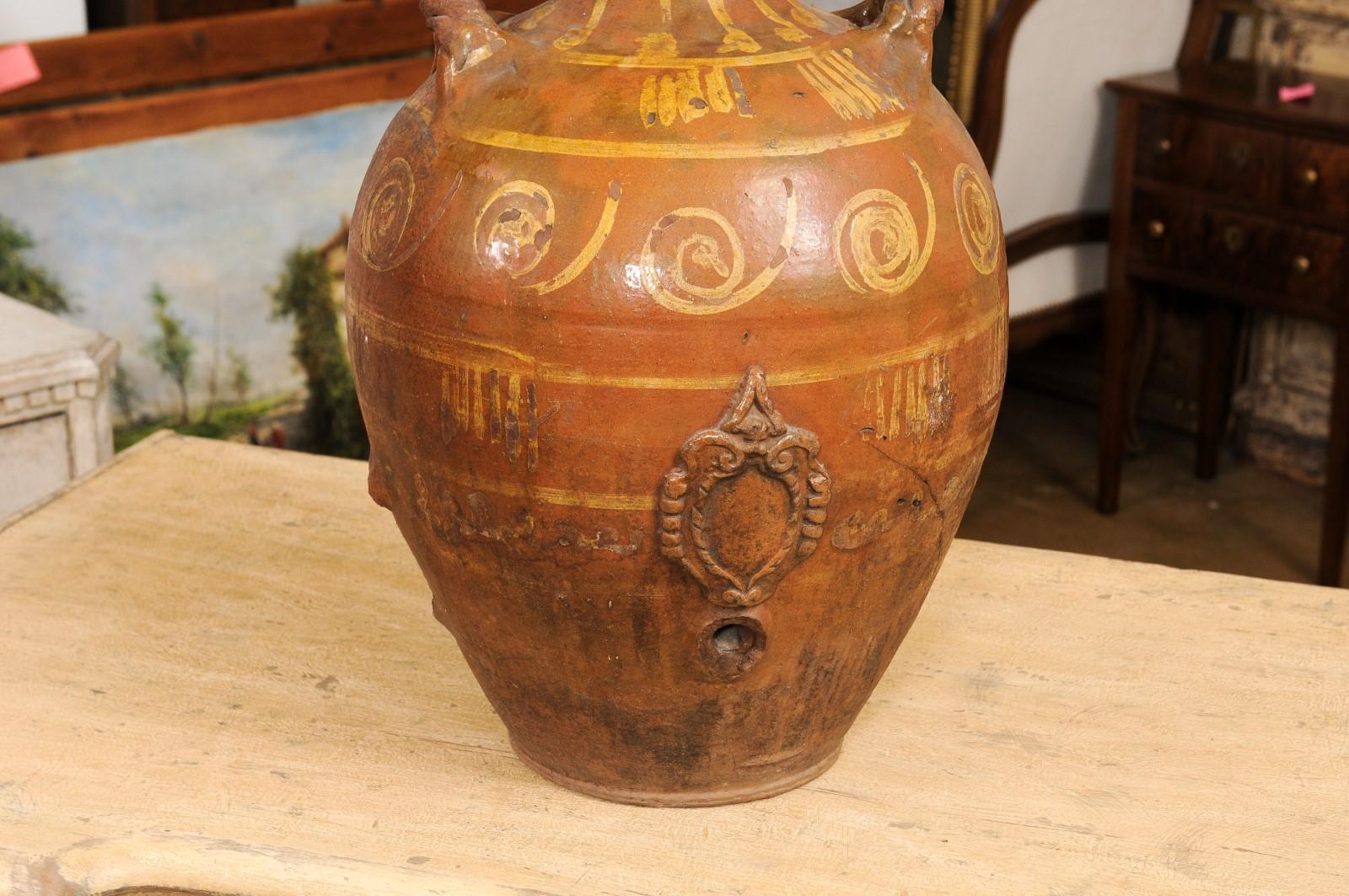 Italian 17th Century Terracotta Olive Oil Jar with Yellow Glazed Spiraling Décor For Sale 2