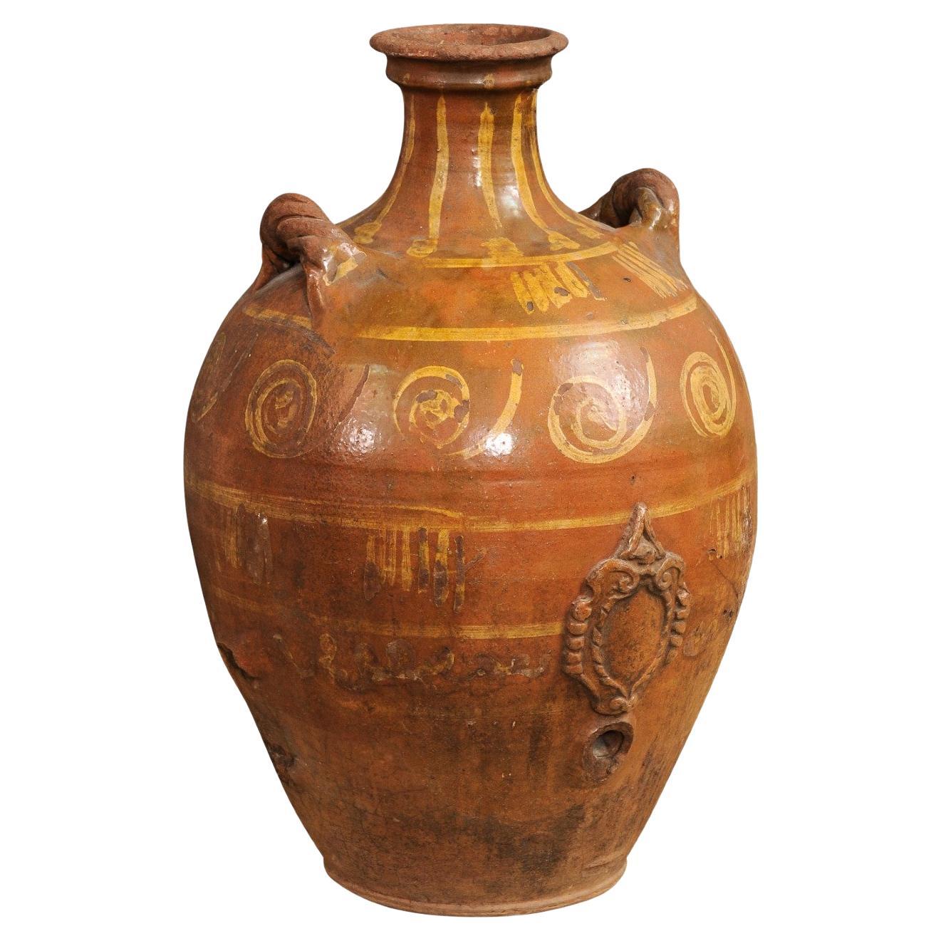 Italian 17th Century Terracotta Olive Oil Jar with Yellow Glazed Spiraling Décor