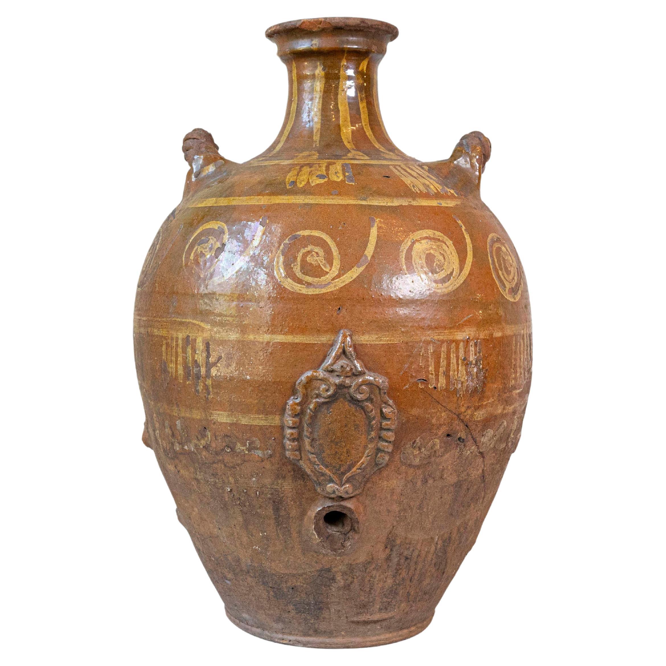 Italian 17th Century Terracotta Olive Oil Jar with Yellow Glazed Spiraling Décor