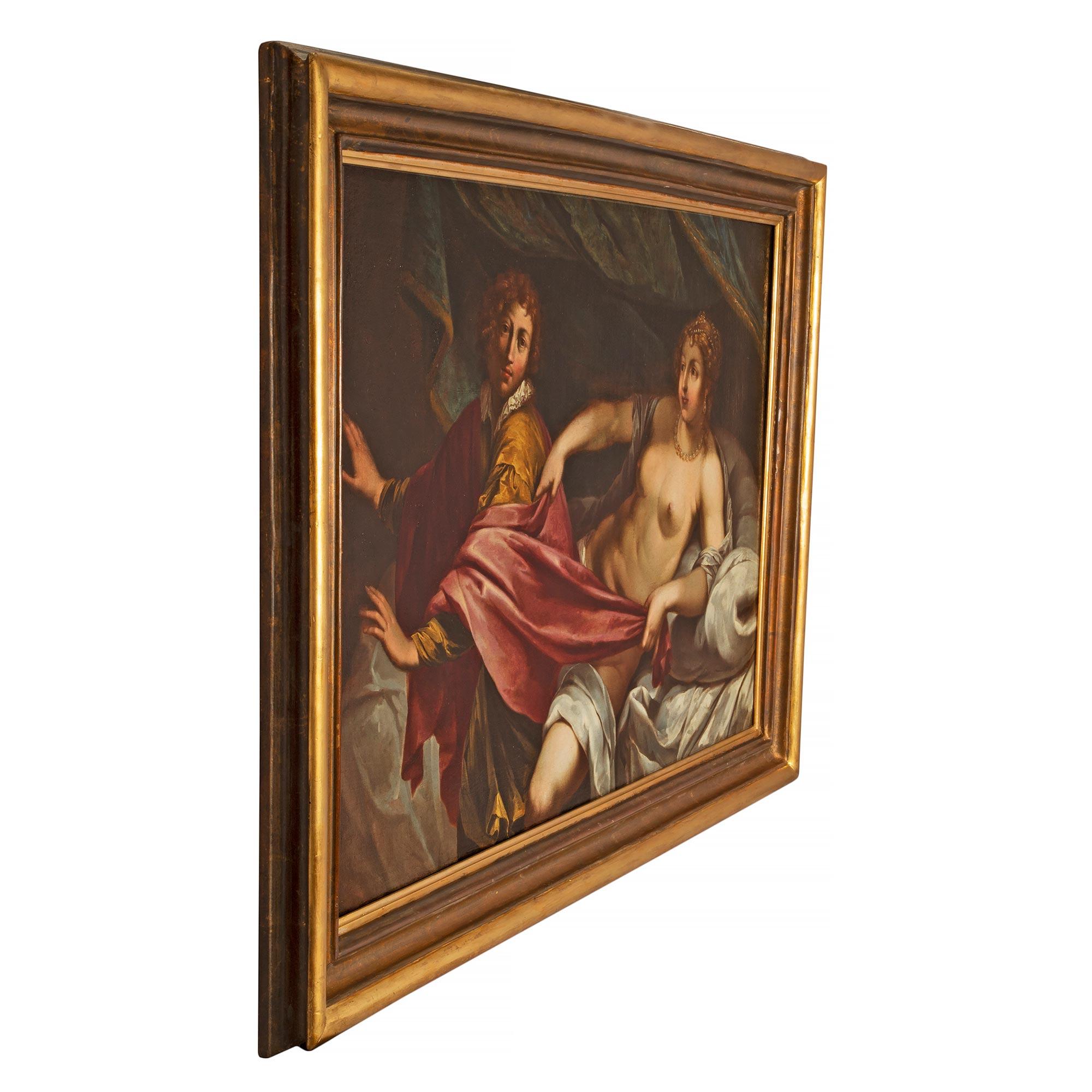 A striking Italian 17th century Venetian st. oil on canvas painting of Joseph fleeing Potiphar's Wife. The painting depicts the classical scene of Potiphar's wife seducing Joseph. As Joseph repelled her attempt to lure him into her bed, she grabbed