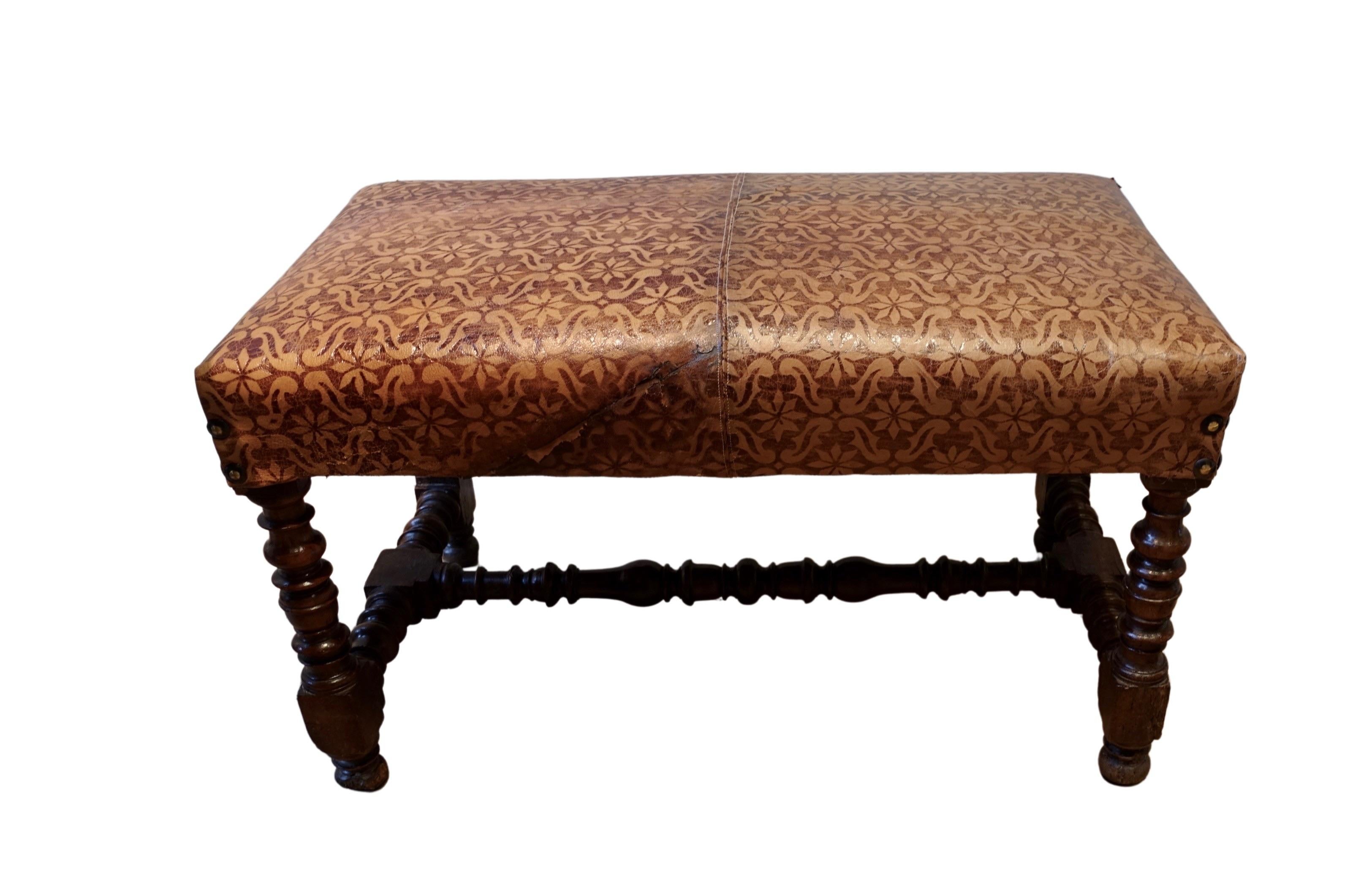 Louis XIII Italian 17th Century Walnut and Leather Stool For Sale