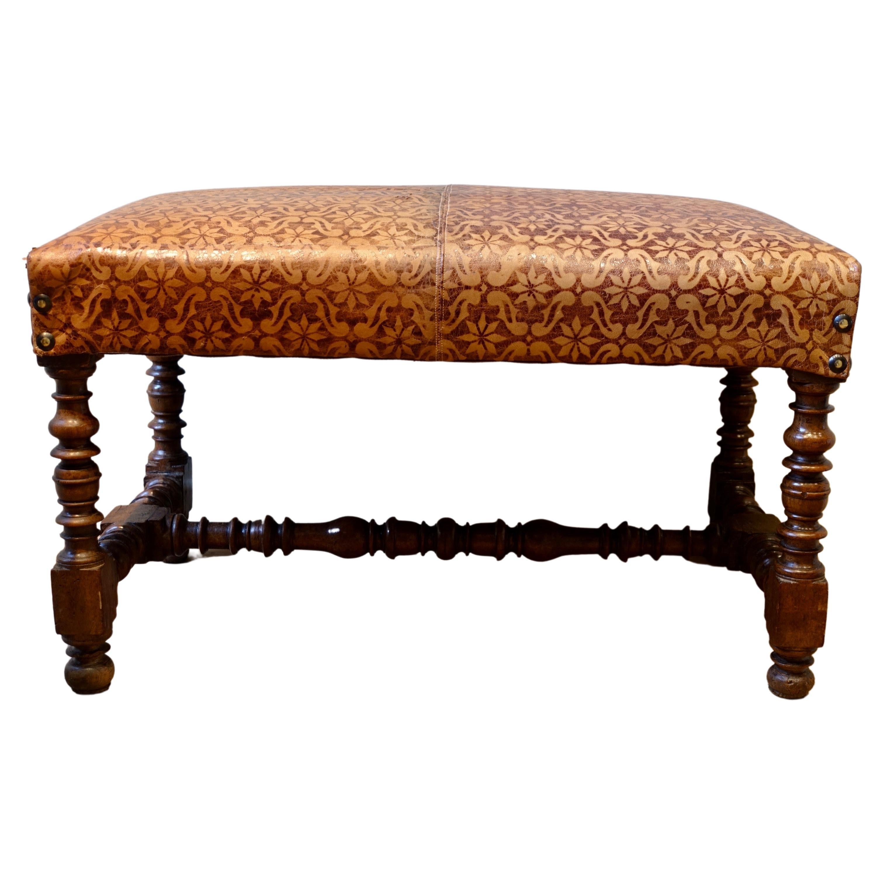 Italian 17th Century Walnut and Leather Stool For Sale