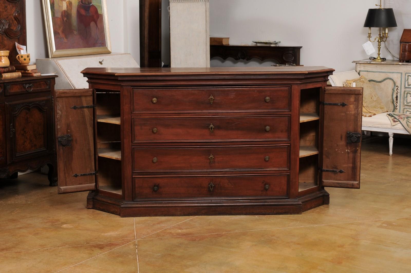 18th Century and Earlier Italian 17th Century Walnut Dresser with Four Drawers and Canted Lateral Doors