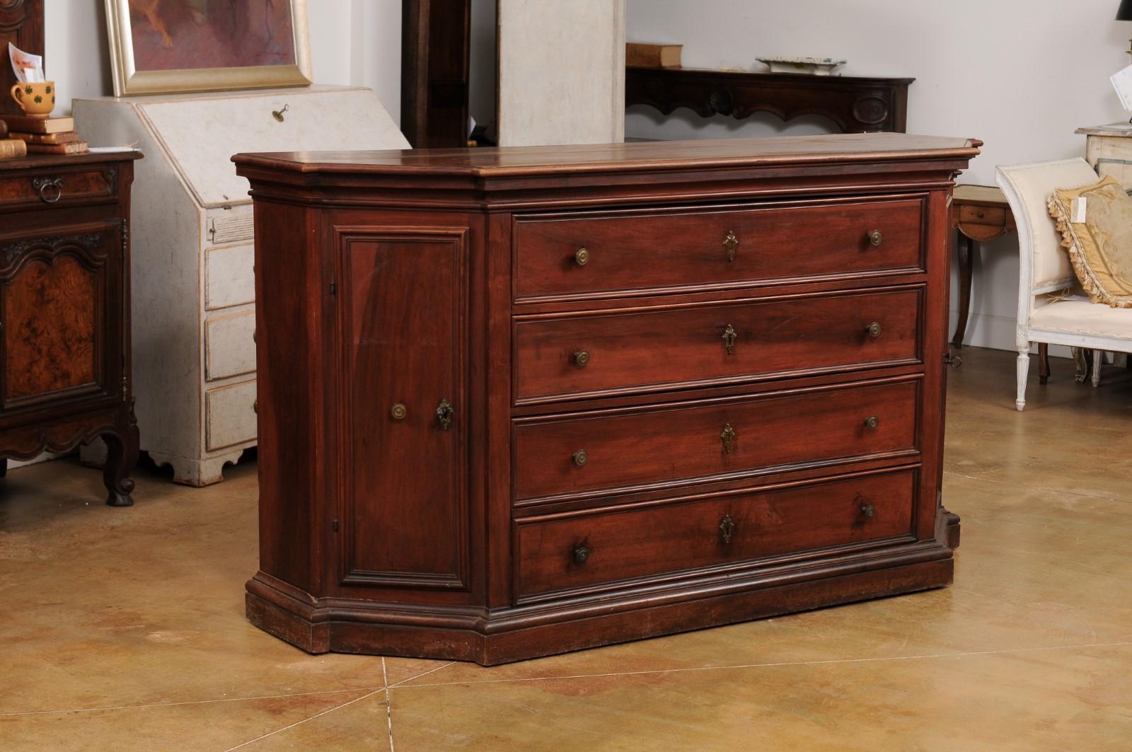 Bronze Italian 17th Century Walnut Dresser with Four Drawers and Canted Lateral Doors