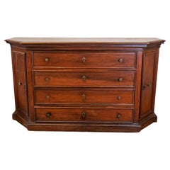 Antique Italian 17th Century Walnut Dresser with Four Drawers and Canted Lateral Doors