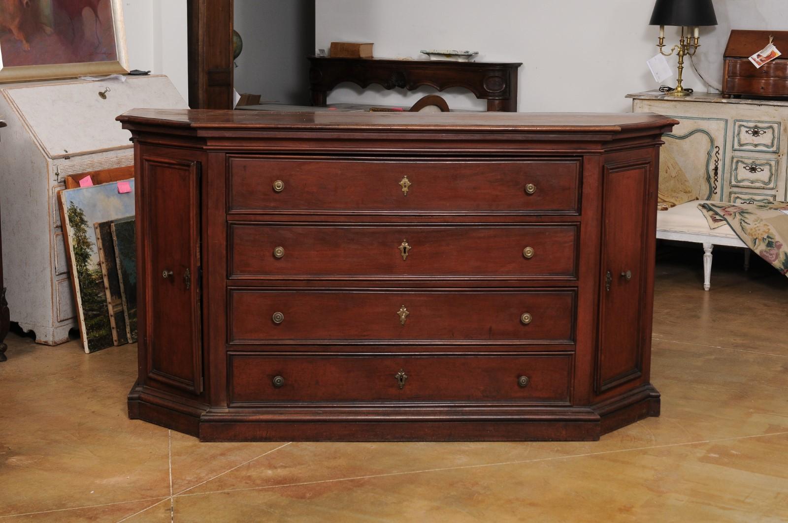Italian 17th Century Walnut Dresser with Four Drawers and Canted Side Doors In Good Condition In Atlanta, GA