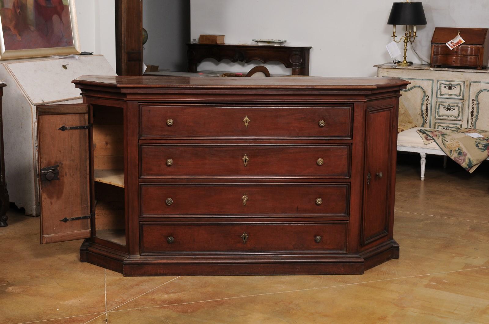 Bronze Italian 17th Century Walnut Dresser with Four Drawers and Canted Side Doors