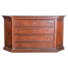 Antique Italian 17th Century Walnut Dresser with Four Drawers and Canted Side Doors