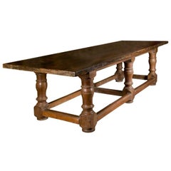Antique Italian 17th Century Walnut Rustic Trestle Refectory Dining or Library Table
